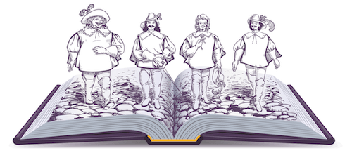 Four historical men coming out of book