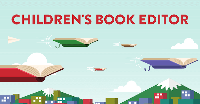 Books fly over mountains and a city with the text "Children's Book Editor" on top