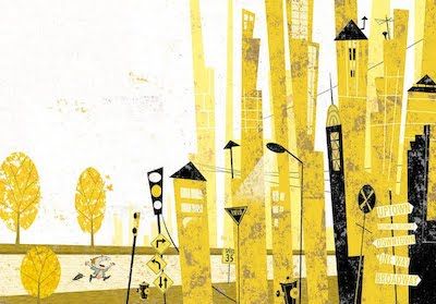 Illustration example of a child running into a city with skinny yellow skyscrapers