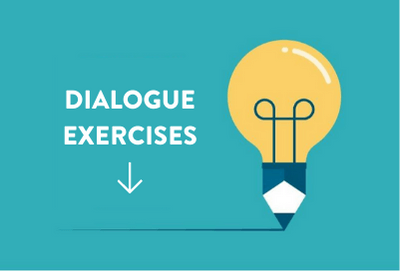 Light bulb turning into a pencil with the text "dialogue exercises"