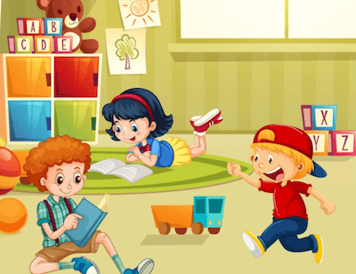 Animated children reading books inside a playroom