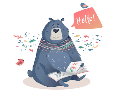 A friendly black bear sits reading a children's picture book, and says "Hello"