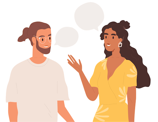 Man in glasses and with ponytail speaking with women with brown hair and yellow dress. Two empty speech bubbles hang between them. 