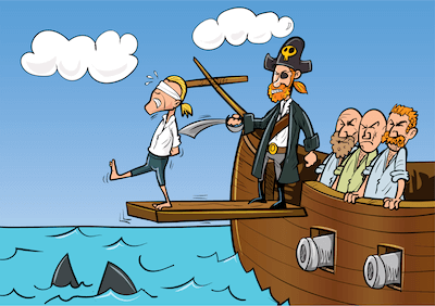 Children's book illustration of a pirate making a blindfolded man walk the plank off into a sea of sharks