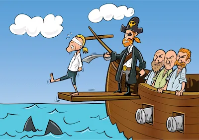 Children's book illustration of a pirate making a blindfolded man walk the plank off into a sea of sharks