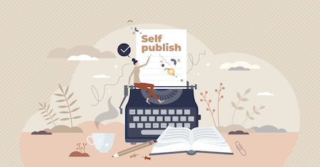 A animated person sitting on a typewriter with the words "Self Publish"