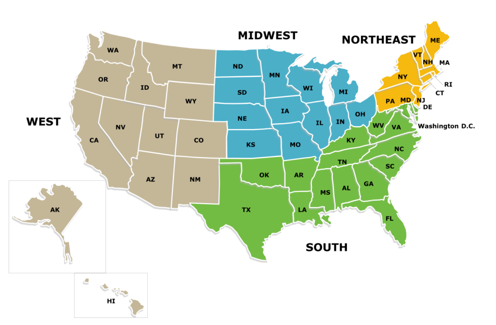 USA Regions. USA States Map. Regions of America. Регионы США.